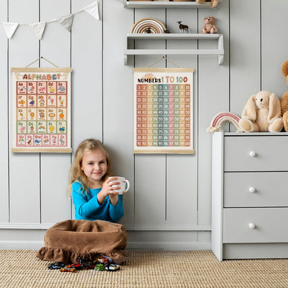 Alphabet and Numbers 1 to 100 Educational Wall Art Decor for Daycare, 14x18.5inch 1-6 Toddlers Learning Canvas Poster with Hanger Frame,Kids Room Decor for Nursery Playroom Classroom Set of 2
