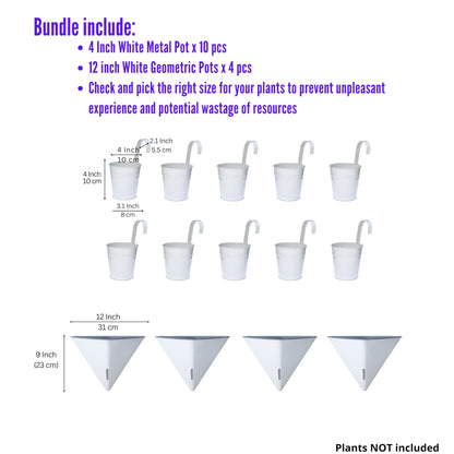 LaLaGreen Bundle- 10 Pack, 4 Inch White Metal Pot + 4 Pack, 12 Inch Geometric Self Watering Pot Modern Stylish Hanging Flower Vase Vessel Rail Porch Deck Window Herbs Plant Holder Indoor Garden Decor