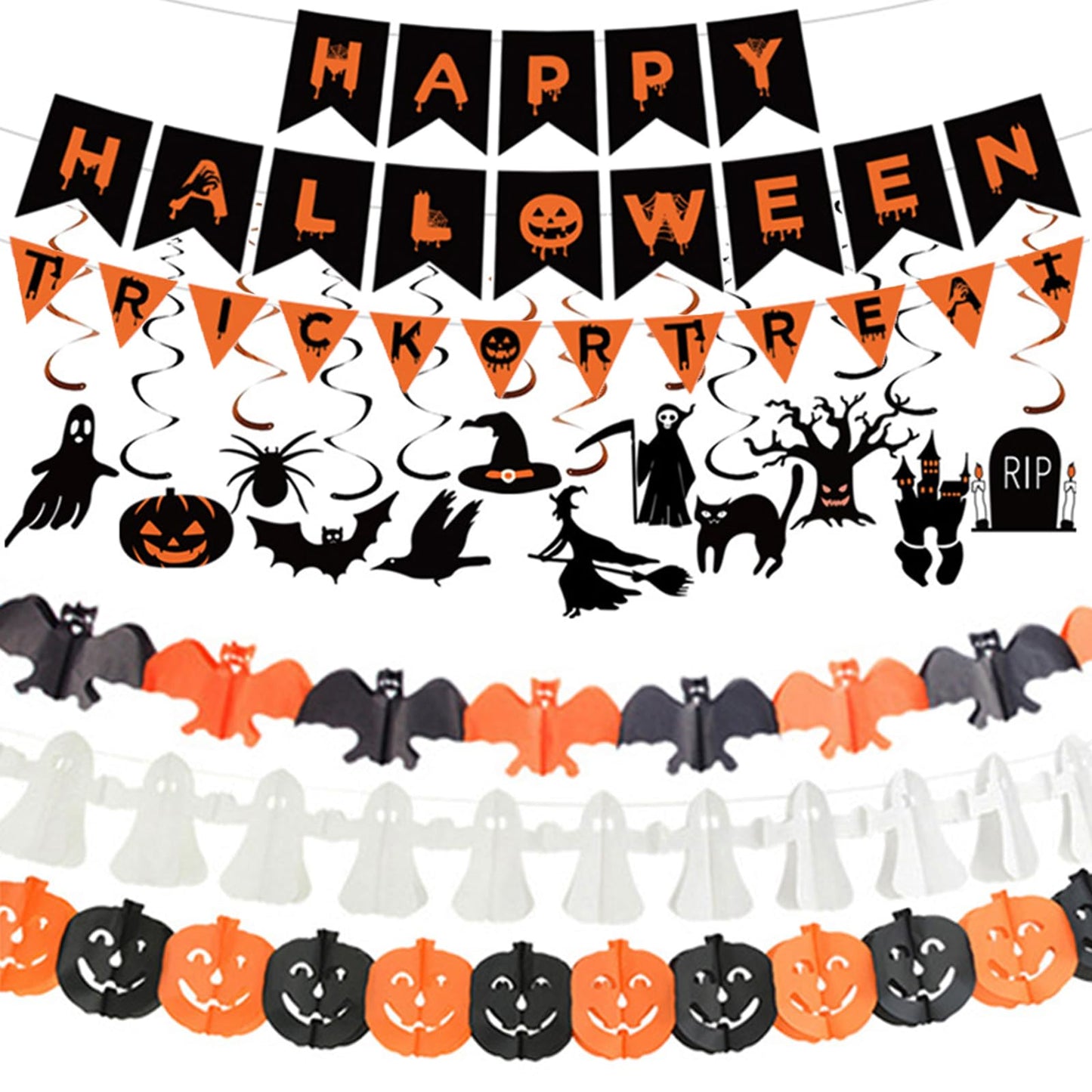 Halloween Decorations Indoor Party Decor, HAPPY HALLOWEEN Accessories with TRICK OR TREAT Banner, 3 PCS Large Garland Bat Ghost Pumpkin, Hanging Party Supplies Backdrop for Home Office Classroom