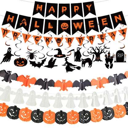 Halloween Decorations Indoor Party Decor, HAPPY HALLOWEEN Accessories with TRICK OR TREAT Banner, 3 PCS Large Garland Bat Ghost Pumpkin, Hanging Party Supplies Backdrop for Home Office Classroom