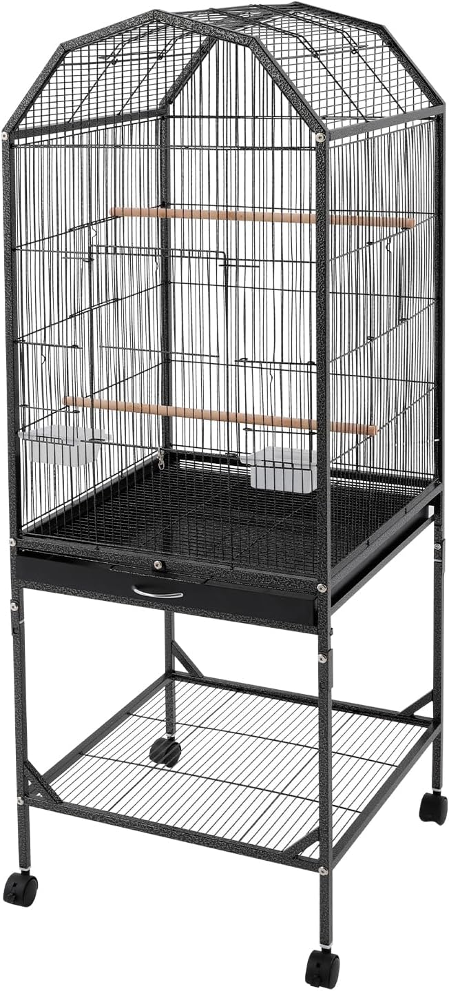 53.5 Inch Iron Bird Cage, Large Parakeet Cages with Play Open Top and Rolling Stand, Bird House with Detachable Stand and Pull-Out Tray for Cockatiels, Parrots, Lovebirds, Canaries (Black, Style B)