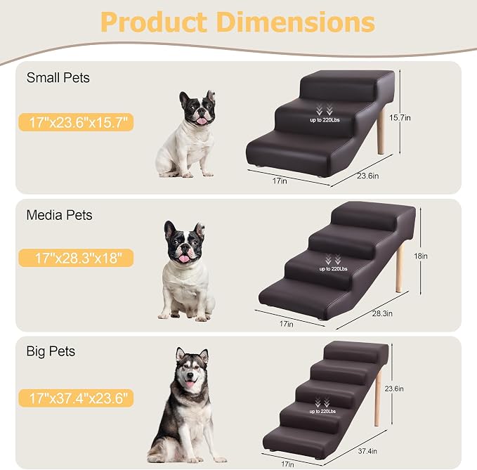 5-Step 23.6" H Dog Stairs for Bed Couch, Waterproof & Scratch PU Leather Pet Steps for Senior Large Dogs and Cats, Dog Ramp with 220 lbs Maximum, Oak Leg & Solid Wood, Non-Slip Feet,Brown