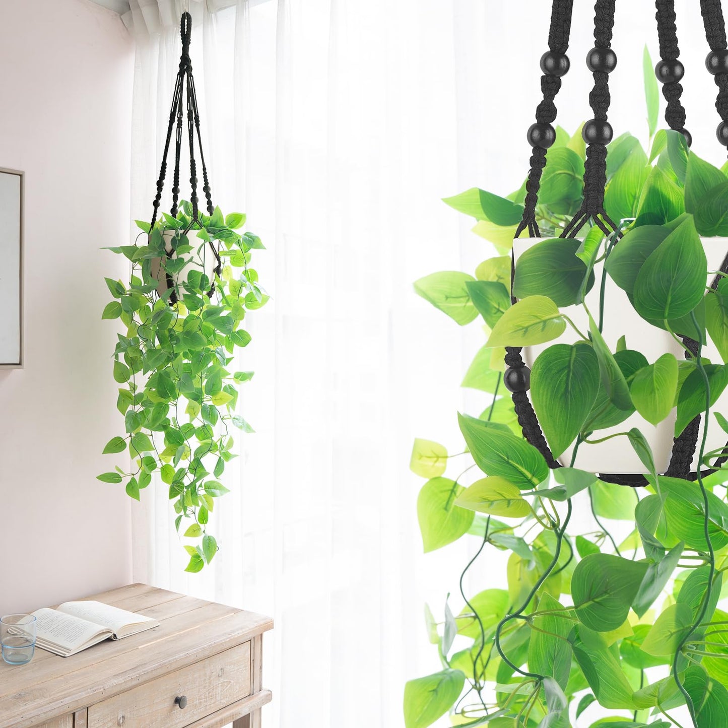 Mkono Fake Hanging Plant with Pot, Artificial Plants for Home Decor Indoor Macrame Plant Hanger with Fake Vines Faux Hanging Planter Greenery for Bedroom Bathroom Kitchen Office Decor (1, Black)