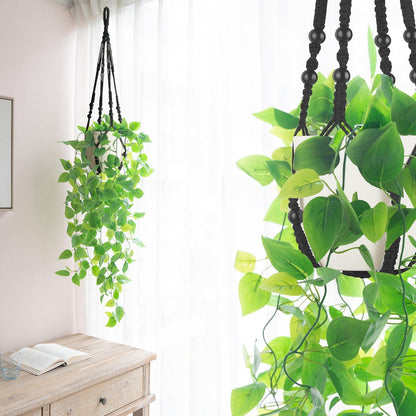 Mkono Fake Hanging Plant with Pot, Artificial Plants for Home Decor Indoor Macrame Plant Hanger with Fake Vines Faux Hanging Planter Greenery for Bedroom Bathroom Kitchen Office Decor (1, Black)