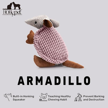 Hollypet Plush Dog Squeaky Toy Stuffed Armadillo Animal Pet Puppy Chew Toys with Clean Teeth for Small Medium Large All Breed Sizes Dogs, Pink, 14 in