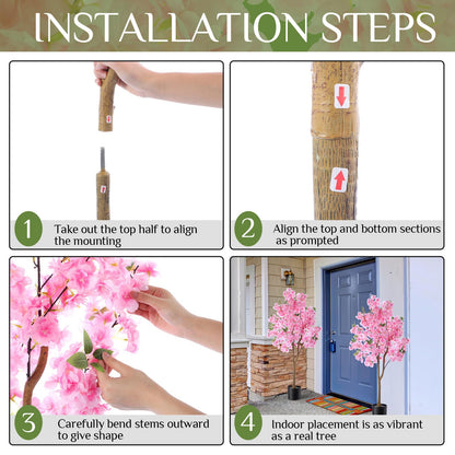 Giegxin 2 Pack Artificial Cherry Blossom Tree 3.9 FT Fake Faux Sakura Flowers Potted Plant Indoor with Plastic Nursery Pot for Home Porch Bedroom House Entryway Office Outdoor(Pink)