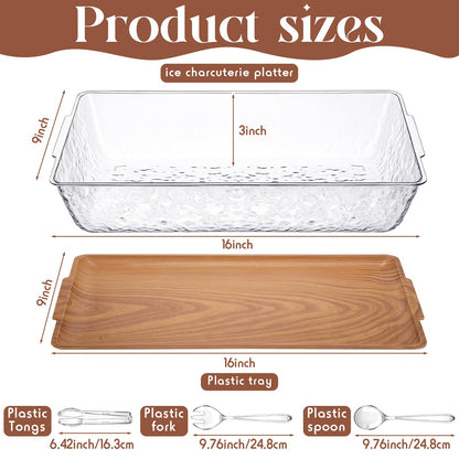Baderke 1 Set 16" x 9" Chilled Serving Tray for Parties with Compartments Ice Chilled Party Crudite Platter Charcuterie Serving Board Cold Dish Dip Tableware for Seafood Vegetable (Light Wood)