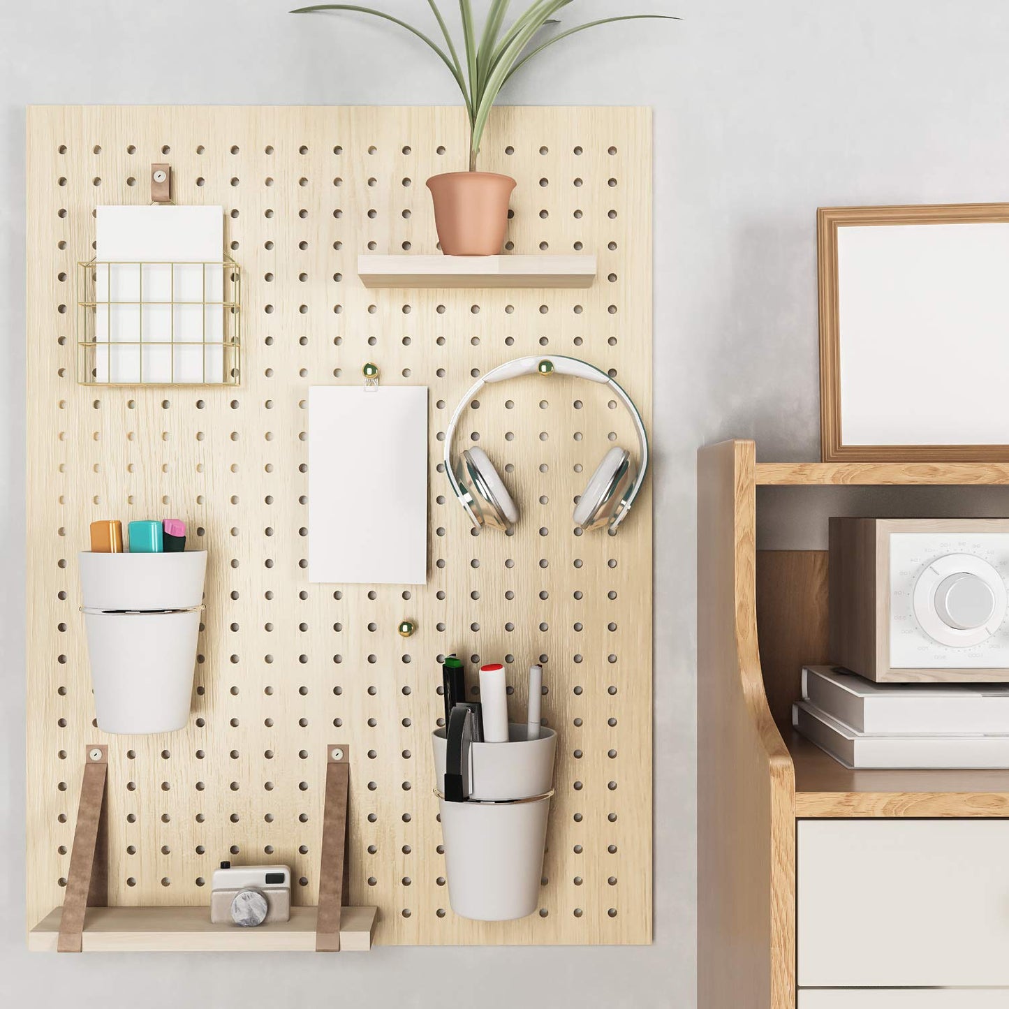 Kuhome 6 Sets Pegboard Hooks with Pegboard Cups, Ring Style Pegboard Bins with Rings, Pegboard Cup Holder Accessories for Organizing Storage (White)