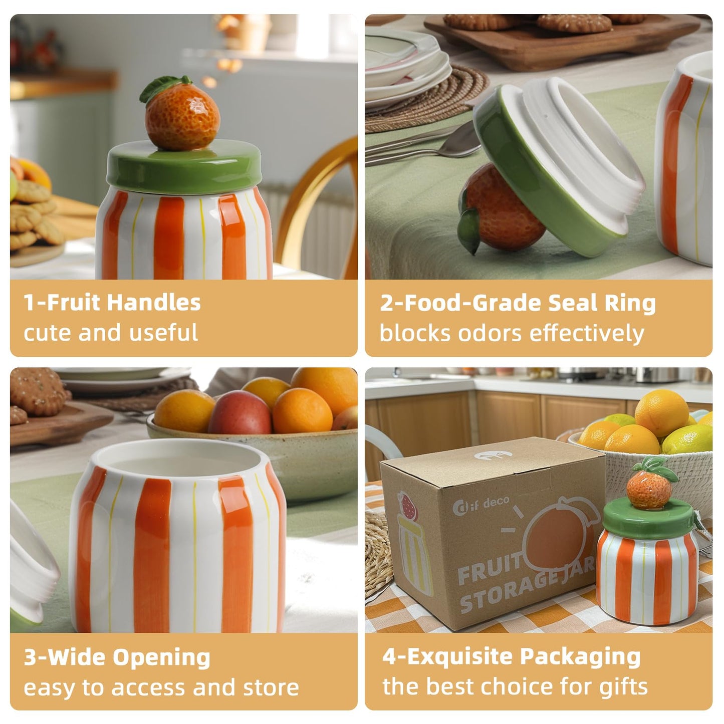 DIF DECO Cookie Jars with Lid Airtight, Hand Painted Orange Ceramic Food Storage Containers with Lids for Home Decor and Kitchen Countertops, For Coffee, Spices, Sugar, Tea, Salt, Honey, Candy, Nut