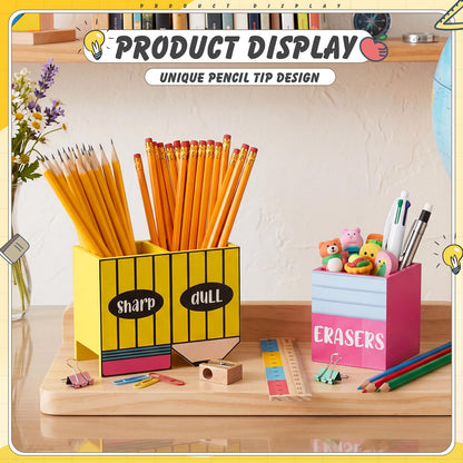 Eaasty Pencil Shaped and Sharp Dull Holder Eraser Wooden Dispenser Pencil Storage 3 Compartments for Back to School Teachers Classroom Organization(2 Pack,Simple)