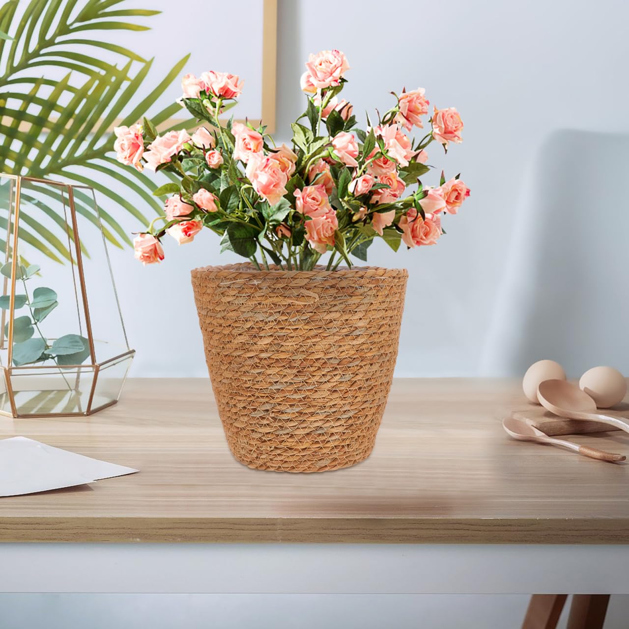 SUPVOX 2pcs Woven Plant Basket with Plastic Liner, Rattan Flower Pot Cover for Indoor Plants - Boho Farmhouse Home Decor