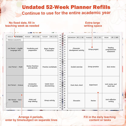 Undated 4 Period Teacher Planner 8.5" x 11" Weekly & Month Academic Teacher Lesson Planner Hardcover Homeschool Planner Teacher Record Lesson Plan Book for Classroom School Supplies 80 GSM