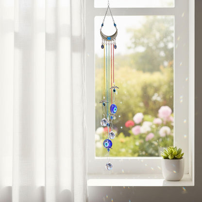 20 Inch Blue Evil Eye Hanging Crystal Suncatcher Ornament, Chakra Energy Crystal Ball Prism Pendant Rainbow Maker for Christmas Tree, Window & Home Decor Protection