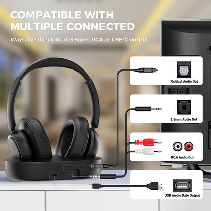 ROSIDA Wireless Headphones for TV Watching, Wireless Headphones for Seniors with Transmitter Charging Base, Bluetooth Headsets for TV, No Audio Delay, Gift for The Seniors or Parents, Black
