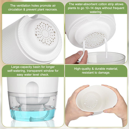 Samhe Plant Pots, 4 Pack 5.7 Inch Self Watering Pots for Indoor Plants, Flower Pots with Deep Reservoir and Drainage Holes - White