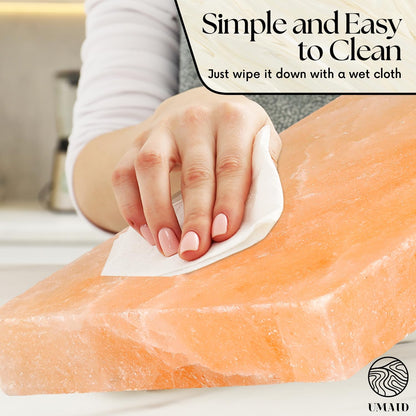 UMAID Himalayan Salt Block Cooking Plate 12x8x1.5 – Food Grade Pink Himalayan Salt Stone for Cooking, Grilling, Serving & Cutting – Includes Steel Tray & Grilling Recipe Booklet – Unique Gifts for Men & Dad Gifts for Fathers Day