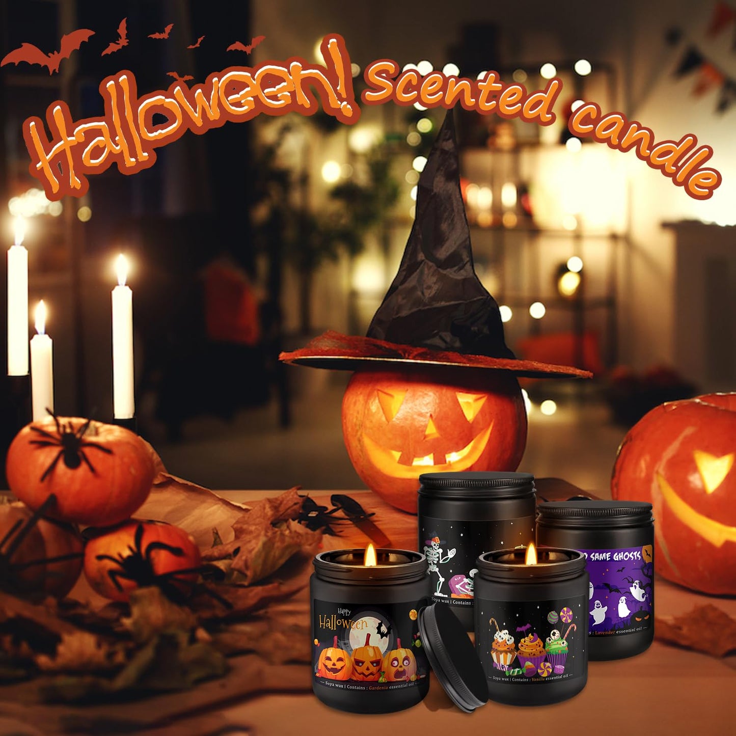 4 Pack 8Oz Halloween Scented Candles for Home Scented Aromatherapy Candles, Soy Wax Autumn Candle Gift Set for Women Men，Home Decoration，Themed Party Decor