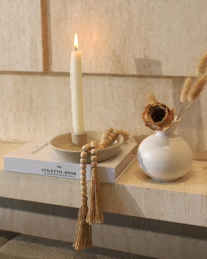 DN DECONATION Ceramic Candle Holder, Boho Candlestick Holder with Round Plate for Taper Candles, Unique Farmhouse Porcelain Candle Stick Holder for Meditation/Yoga Room Home Wedding Decor(Gray)