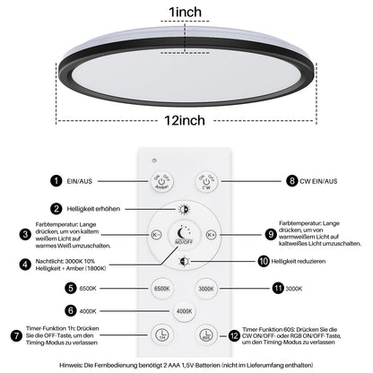 AmazeFan 12Inch LED Flush Mount Ceiling Light with Remote Control, Dimmable Night Light 1800K 3000K/4000K/6500K 24W Low Profile Hardwiring Ceiling Lamp for Bedroom LivingRoom Kitchen Hallway-Black