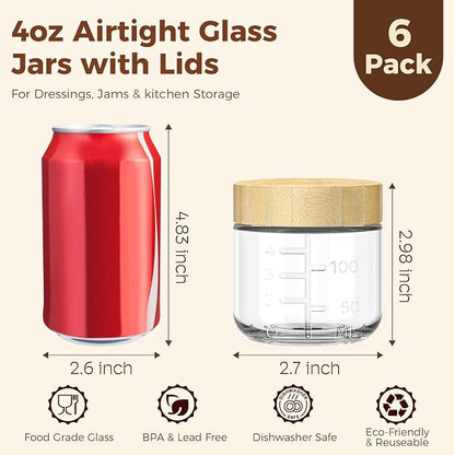 HomArtist 4oz Glass Salad Dressing Containers with Bamboo Lids - 6 Pack Small Airtight Condiment Cups, Mini Sauce Jars for Picnic, Ketchup, Dip & Snacks, Leakproof, BPA-Free & Dishwasher Safe