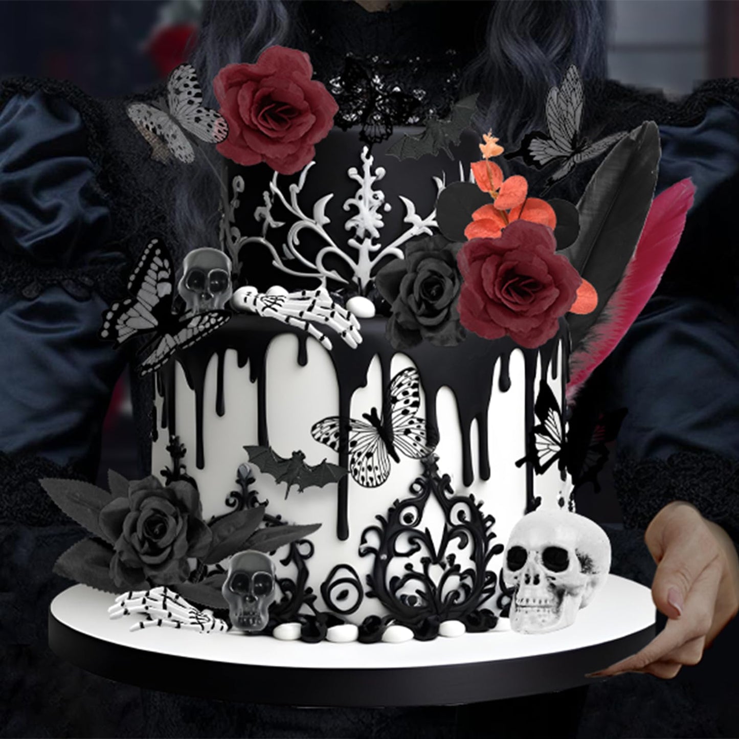 Ylapagne Gothic Cake Decorations, 26PCS Halloween Black Cake Topper with Red Black Rose, Skull, Feather, Ghost Hand, Butterfly Cupcake Toppers for Wedding, Birthday, Wizard Party