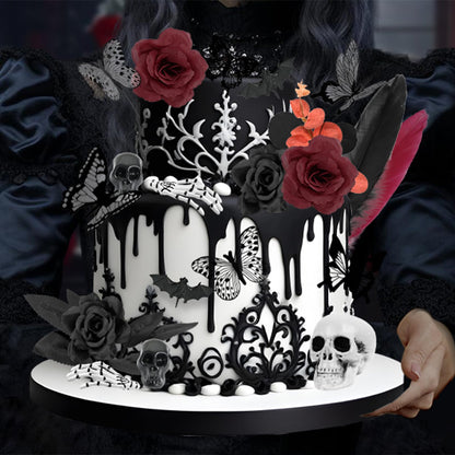 Ylapagne Gothic Cake Decorations, 26PCS Halloween Black Cake Topper with Red Black Rose, Skull, Feather, Ghost Hand, Butterfly Cupcake Toppers for Wedding, Birthday, Wizard Party