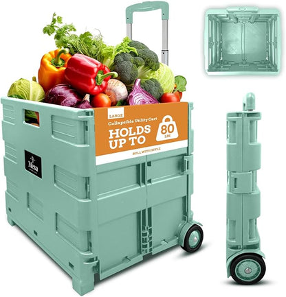 Inspired Living Ultra-Slim Rolling Collapsible Storage Pack-N-Roll Utility-carts, with Telescopic Handle, for Home, Garden, Shopping, Office, School use, Large, Mint