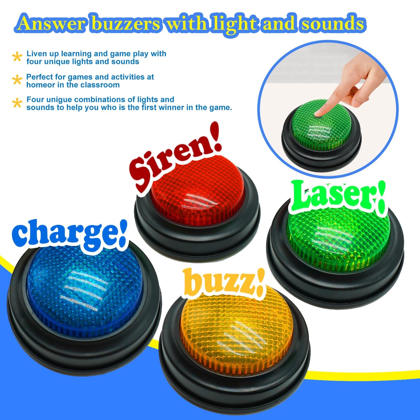 Gelabur Set of 4 Buzzers for Trivia Games, Answer Buzzers for Classroom, Family Feud Jeopardy Buzzer, Game Buzzers with Lights and Sound for Classroom, Game Show Buzzer Buttons