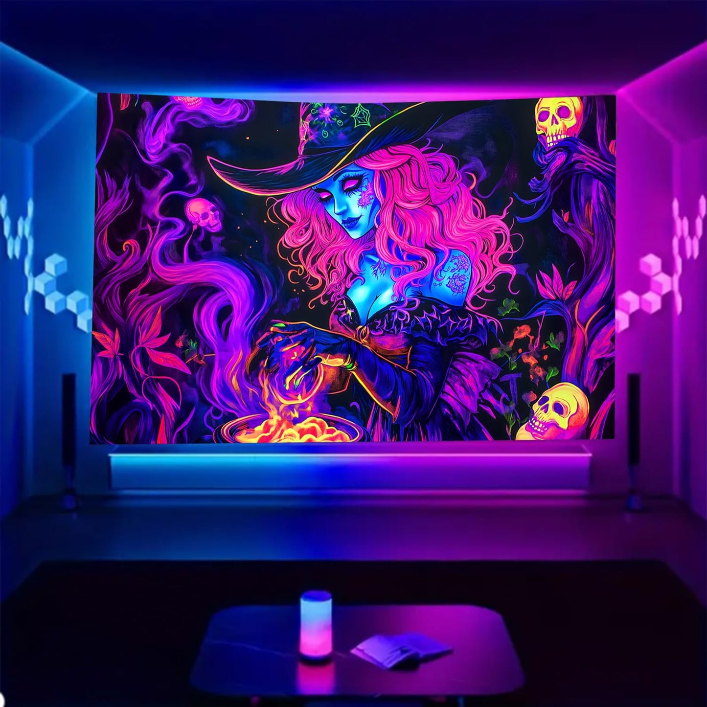 BSFHH Black Light Tapestry – UV Reactive Glow in the Dark Wall Hanging, Spooky Night Scene with Ghosts & Pumpkins, Haunting Home Decor for Parties, Bedroom, or Dorm (Witches, 79L x 59W, Unframed)