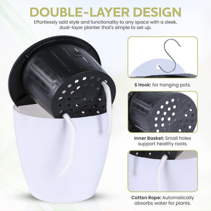 SOOSKSI Self Watering Wall Mounted Planters | Set of 3 White Indoor/Outdoor Hanging Planter with Double Layer Design & Flat Backed for Mounting | Effortless Plant Care & Stylish Wall Pots.