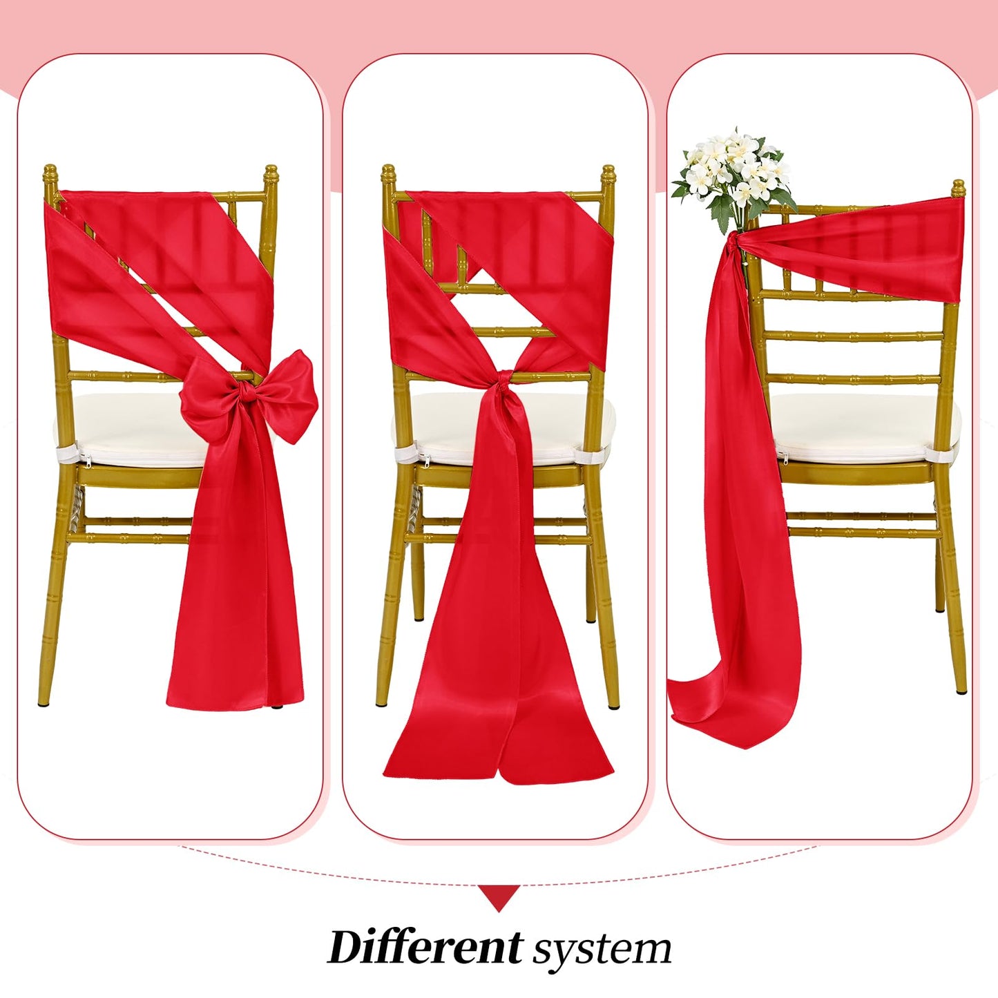 YMHPRIDE 60 PCS Red Satin Chair Sashes,Ties Chair Bows Designed Chair Sashes Chair Cover for Wedding Party Baby Shower Banquet Folding Chairs Decoration(Red,7x108 inch)