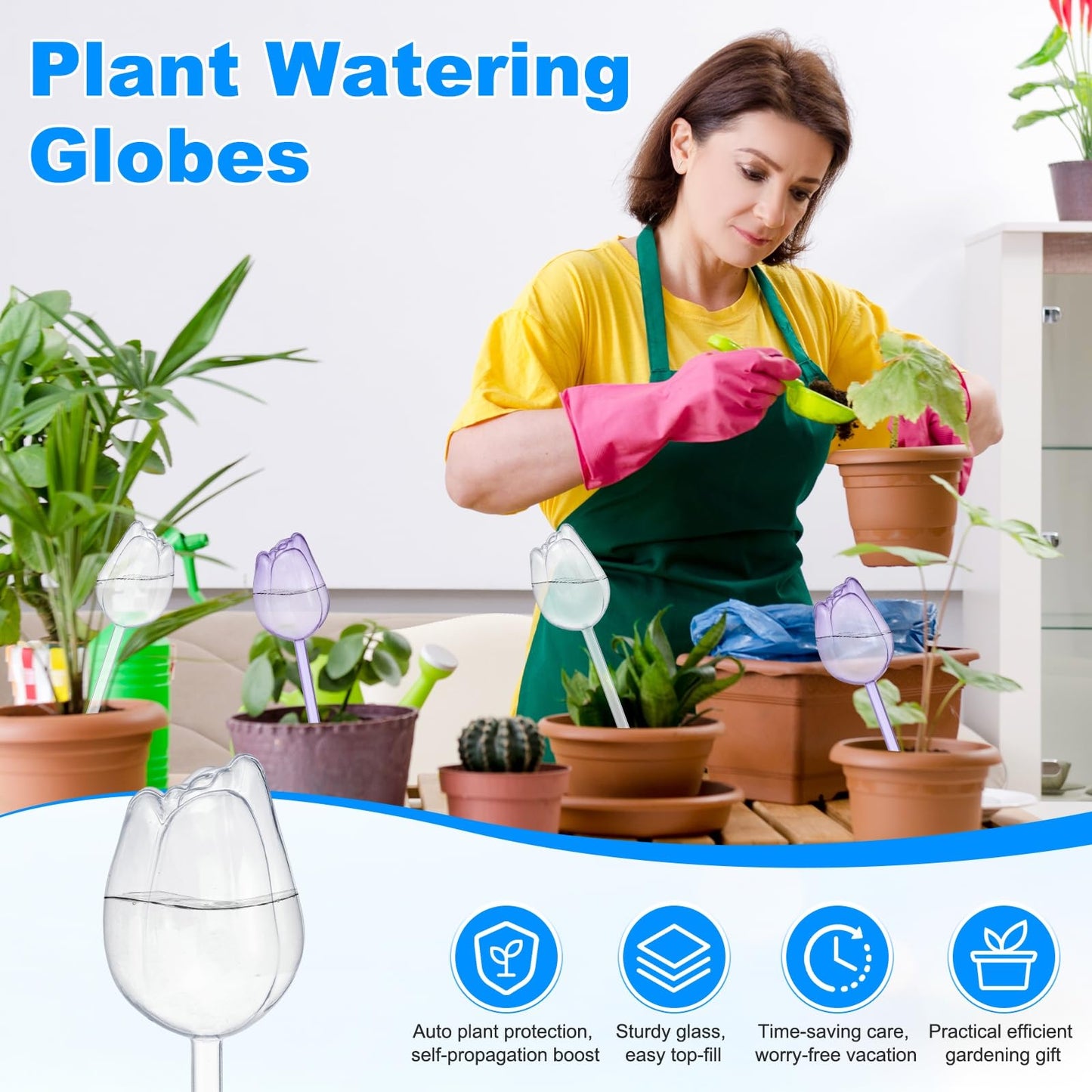 M METERXITY 4-Pack Plant Watering Globes, 9.4 Inch Plastic Self Watering Planter Insert for Indoor/Outdoor Plants, Self Water Devices [Transparent/Purple]