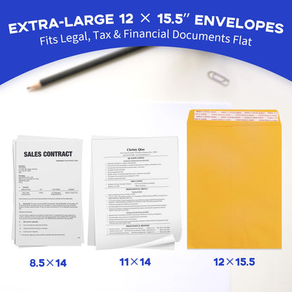 Geofun 12 x 15.5 Inch Manilla Envelopes with Peel & Seal Closure, Large Yellow Envelopes for Mailing Homemade Items, Legal Size Letters, 11 x 14 Documents, Tax Records, 100 Pack