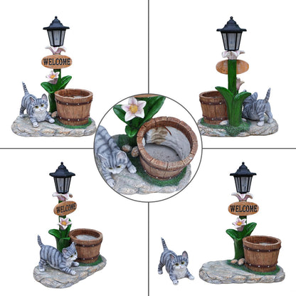 UNOIRNM Gray Tabby Cat Garden Statue - with Solar Lantern and Wooden Pail Planter, 20" Tall Outdoor Resin Welcome Cat Figurine for Patio Decor, 9.2 lbs Large Animal Sculpture, 15.4" Length