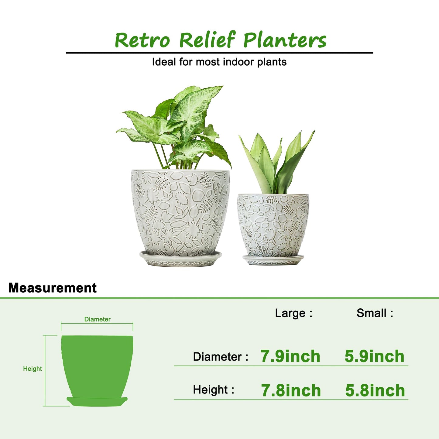 Bestseler 8 Inch + 6 Inch Retro Ceramic Planter Set of 2 with Drainage Hole and Saucer for Multiple Plants, Indoor-Outdoor Garden Pots for Succulent, Orchid, and Flower (Retro White)