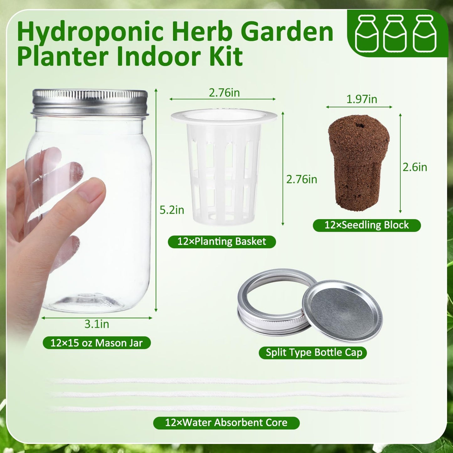 Teenyyou 12 Set Hydroponic Garden Mason Jar Kit Self Watering Herb Hydroponic Planter Starter Kit with Net Pot Garden Flower Plant Growing Gift for Indoor Herbs Windowsill Gardening