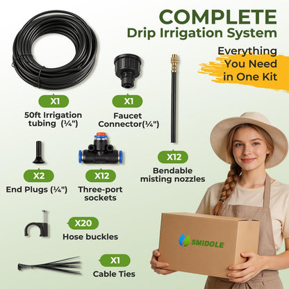 50FT Drip Irrigation Kit, 360° Adjustable Garden Watering System with 1/4" Tubing, Brass Misting Nozzles, DIY Irrigation System for Plants, Raised Beds, Greenhouse