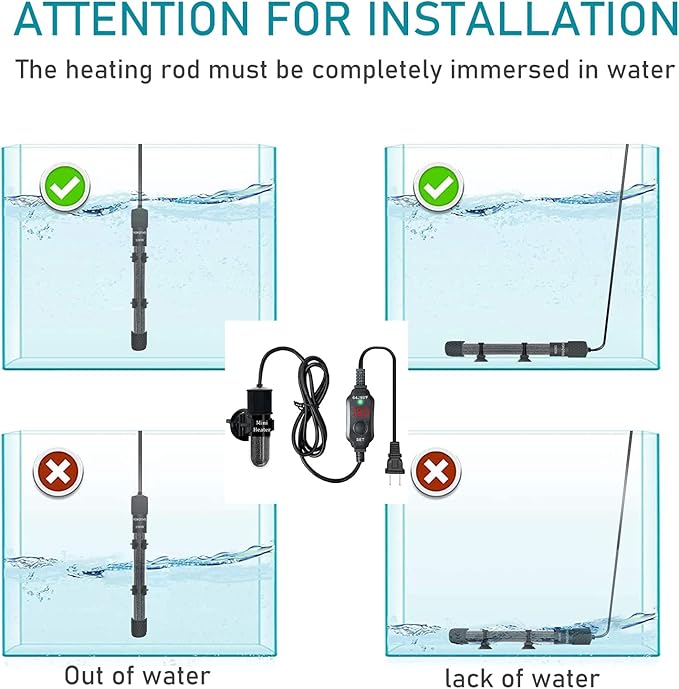 Mini Submersible Aquarium Heater, 25/30/50/100/150/200 Watts Adjustable Fish Tank Heater, Built-in Thermometer, External Temperature Controller, Smart Memory, Used for 1-60 Gallons (30W Plug)
