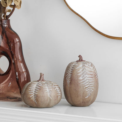 DN DECONATION 2-Pack Fall Pumpkin Decorations for Home, Faux Pumpkins for Decorating, Rustic Brown Resin Pumpkins Decor with Carved Leaves – Thanksgiving Table Centerpiece, Modern Farmhouse Fall Decor