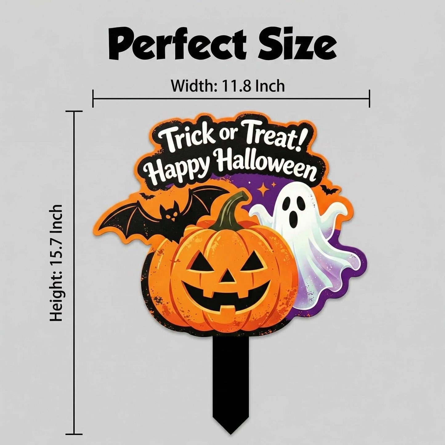 Bekecidi Halloween Metal Yard Sign, 15.7 x 11.8 Inches Trick or Treat Pumpkin Ghost Decor, Iron Lawn Stake with Straight Ground Insert for Outdoor Garden Decorations