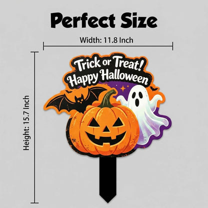 Bekecidi Halloween Metal Yard Sign, 15.7 x 11.8 Inches Trick or Treat Pumpkin Ghost Decor, Iron Lawn Stake with Straight Ground Insert for Outdoor Garden Decorations