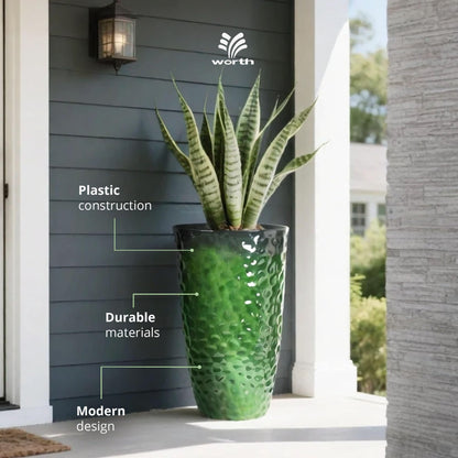 Worth 2 Pack 24" Tall Large Plastic Planter with Drainage Hole, Round Decorative Flower Plant Pit for Indoor or Outdoor Gardening, Glossy Green