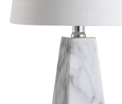 JONATHAN Y 20.5" White Marble Finish Modern Resin Table Lamp for Bedroom Living Room, Contemporary Faceted Bedside Lamp with White Linen Shade, LED Bulb Included JYL1037A