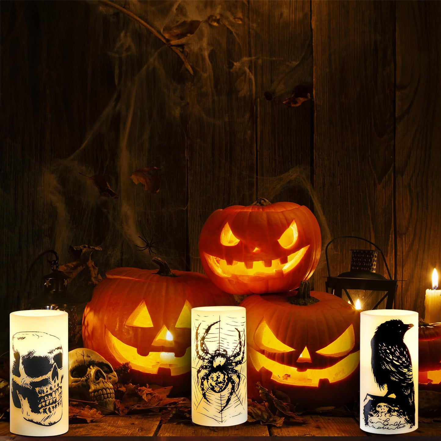 Hbaushun Halloween Flameless Candles LED Flickering Candles with Skull, Crow, Spider Web Decals,Battery Operated with 6 Hour Timer Halloween Decorations Horror Themed Candles(3 Pack, D3 x H6)