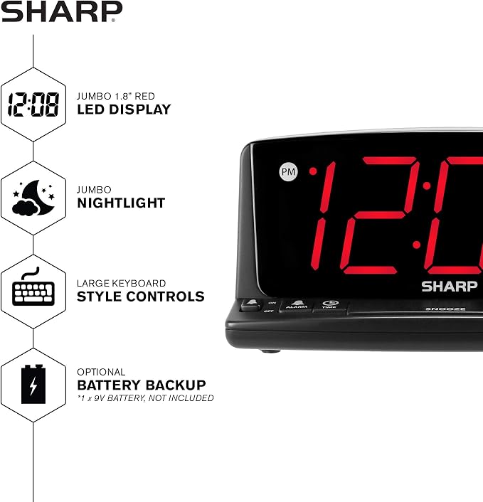 Sharp Digital Alarm Clock, 1.8" Red LED, Night Light, Loud Alarm, Black | Front keyboard controls, 9-minute snooze, AC powered, 9V settings backup, across-room viewing, bedroom, nursery, bathroom