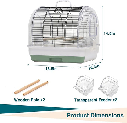 Portable Bird Cage Carrier, Travel Parrot Cage with 2 Perches, 2 Food Bowls and Tray, Metal Parakeet Cages for Small to Medium Sized Birds Cockatiels Lovebirds Canaries Budgies