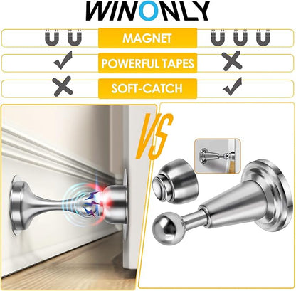 WINONLY Door Stopper, Magnetic Door Stop, Stainless Steel, Magnetic Door Catch, 3M Double-Sided Adhesive Tape, No Drilling, Screws for Stronger Mount, Hold Your Door Open, 1 Pack to Have a Try