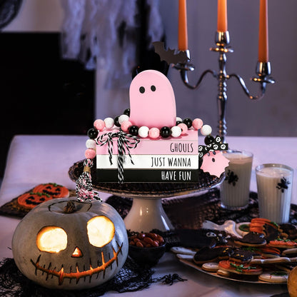Pink Halloween Decorations 5PCS Table Centerpieces, Cute Girlie Tabletop Halloween Decor for Tiered Tray Shelf Mantel Fire Place Office Desk Rustic Farmhouse Wood Faux Book Stack and Ghosts Sign