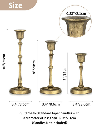NUPTIO Cast Iron Candlestick Holders: Antique Brass Taper Candle Holders with Unique Drip Wax Aesthetics - Set of 3 Gold Candle Sticks Holder Fireplace Mantel Decor