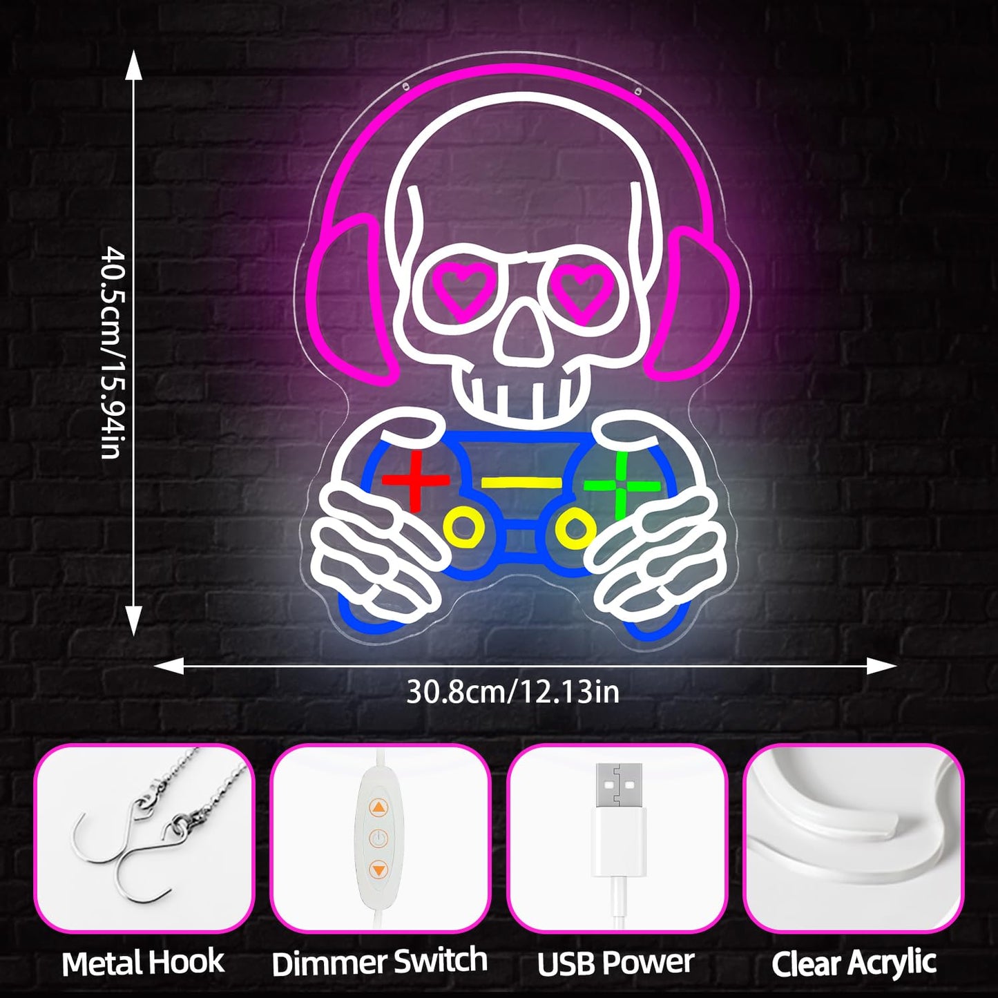 hhuohuona Skull Game Neon Sign Gaming Light Up Sign Dimmbale Skull Led Signs Skeleton Gamer Neon Lights for Man Cave Game Room Decor Gifts for Gamers Boys
